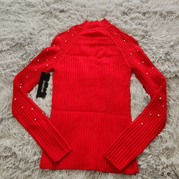 Bebe Red Rhinestone Logo Faux Pearl Embellished Long Sleeve Shirt - Picture 2 of 8